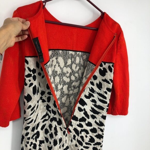 St. John Red & Creme  Leopard Print Jersey Wool blend Midi Dress size 12 - Picture 9 of 14
